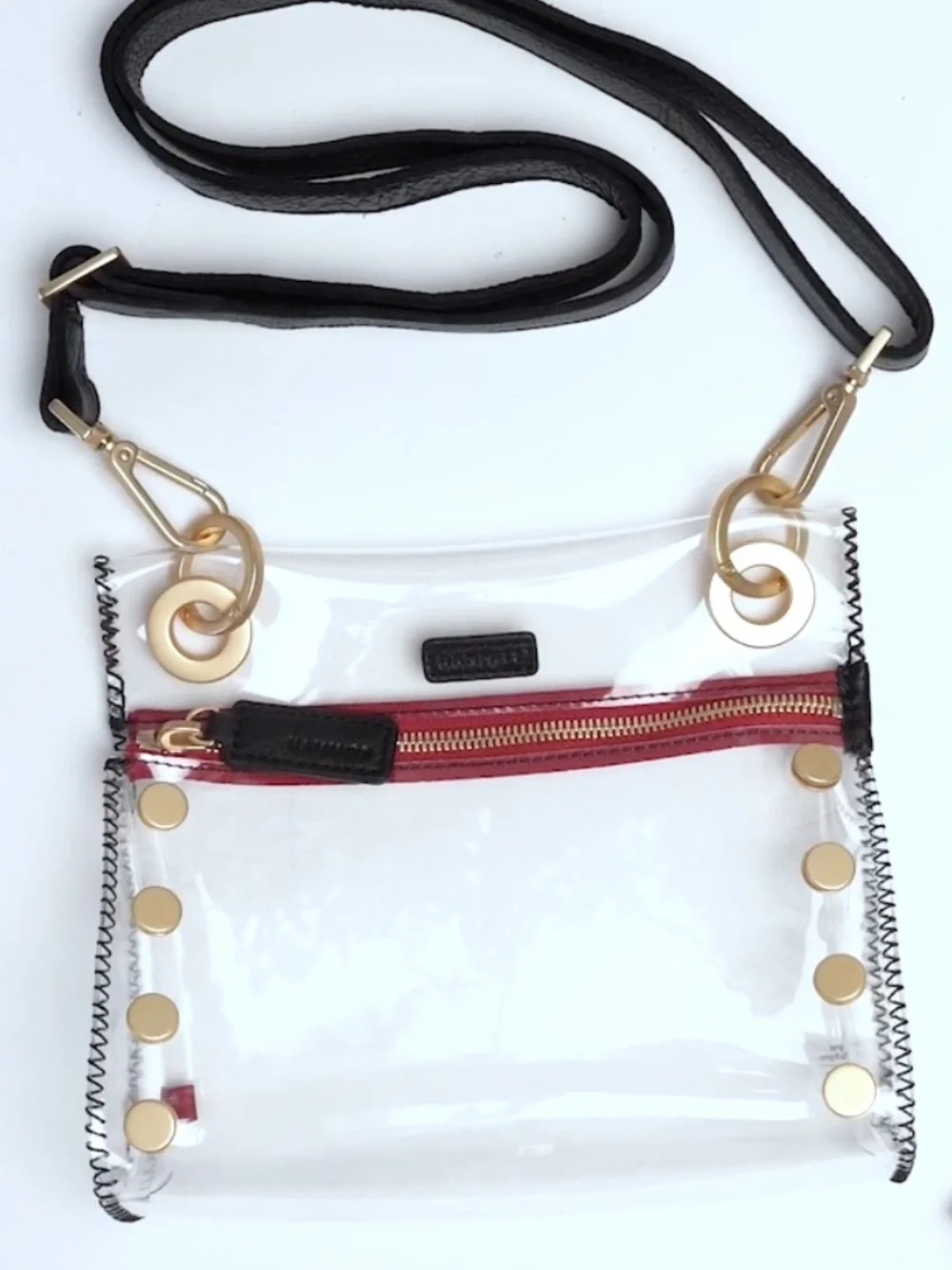 HAMMITT Tony Small Bag ~ Clear Brushed Gold/Black/Red NWT
